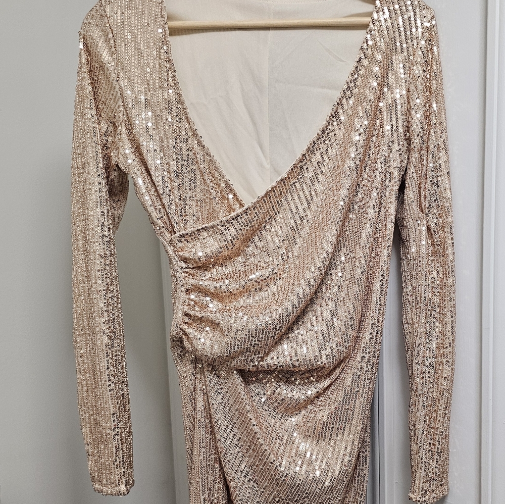 Medium, Rose gold type dress.